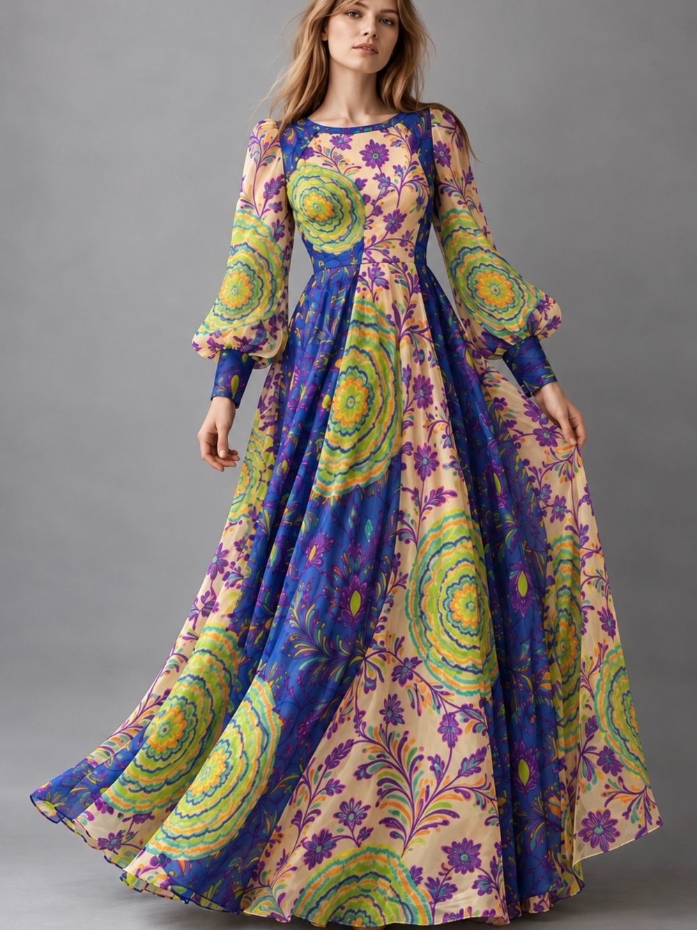Vintage 1970s Lanvin Elizabeth Arden Fantasy Floral Silk Organza Maxi Dress 12